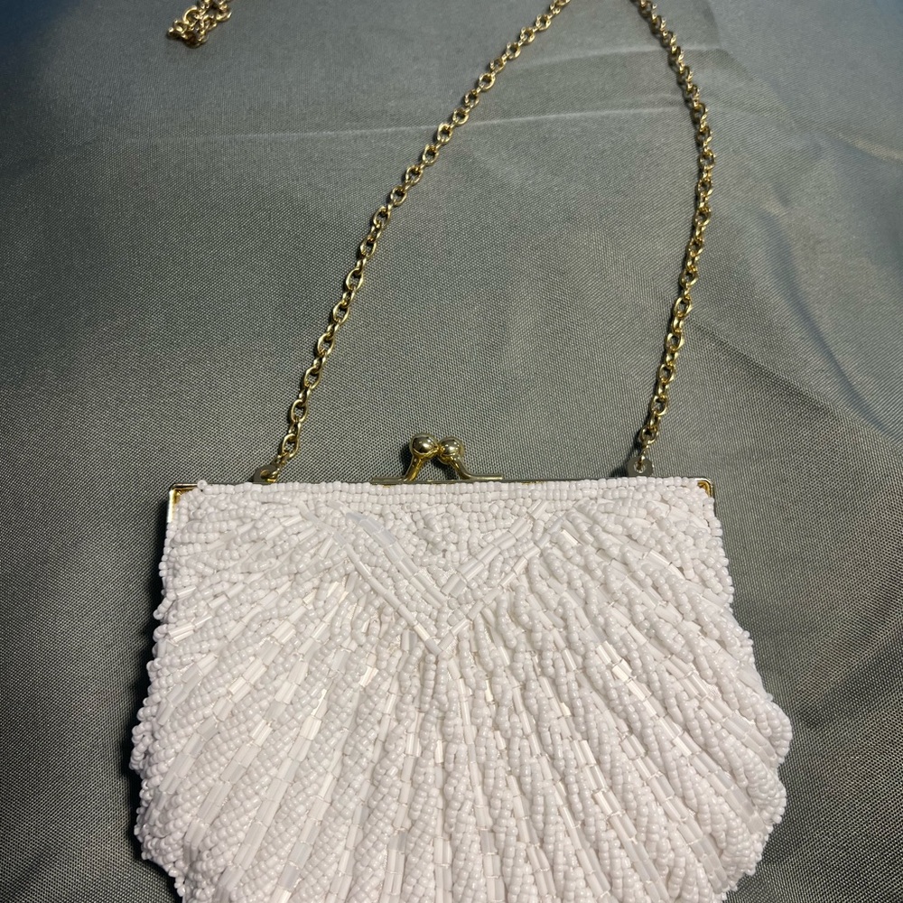 Vintage La Regale White Beaded Seashell Clutch with Gold Chain